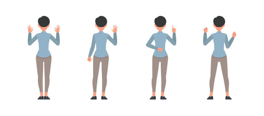 Business woman working and presentation in various action character vector illustration design set. Woman wear blue shirt.