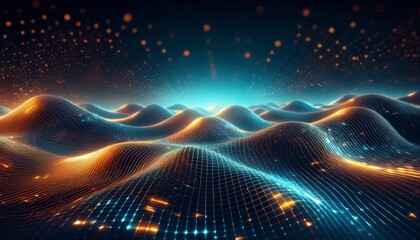 Abstract digital wave of glowing particles in blue and orange colors. Generated image