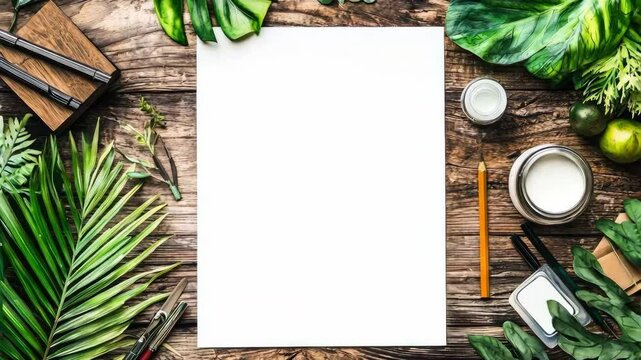 A blank page surrounded by vibrant greenery and crafting supplies, perfect for artistic and creative projects.