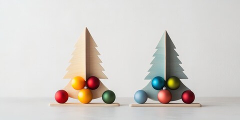 Sapin en bois avec boules colorées en duo, design minimaliste