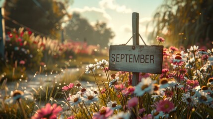 September sign in a field of daisies and asters. Autumn floral landscape.