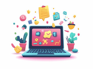 Flat Laptop on White Background with Holographic Festival Symbols Floating Around - Brightly Illuminated Vector Illustration for Smart Business Themes