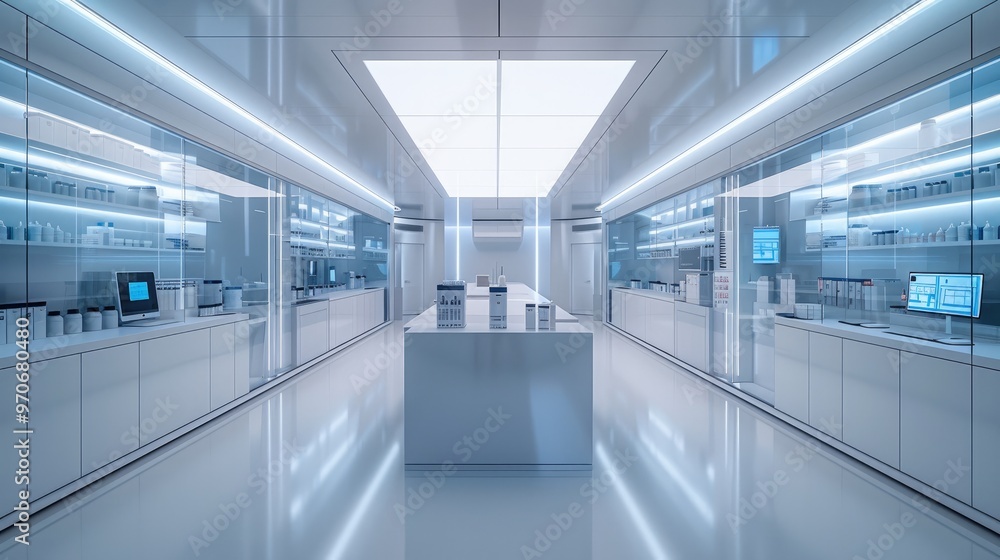 Poster a sleek, modern laboratory with advanced equipment and clean lines. generative ai.