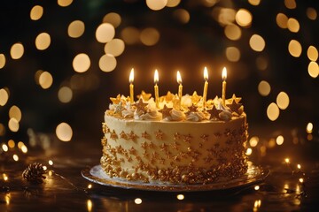 Golden New Year cake with stars and candles on festive background.