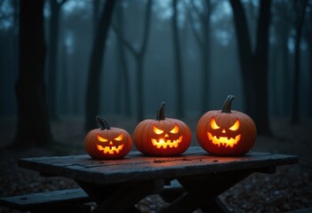 Halloween Jaock O lantern pumpkins on an old wooden table in a spooky forest at night