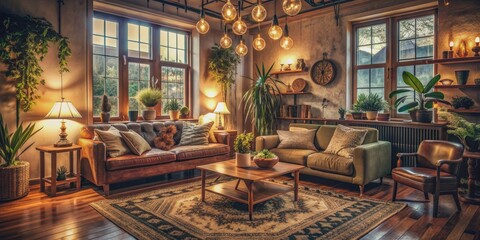 Obraz premium Cozy eclectic living room with vintage decor and warm lighting, cozy, eclectic, living room, vintage, decor