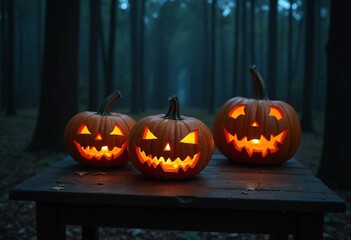 Obraz premium Halloween Jaock O lantern pumpkins on an old wooden table in a spooky forest at night