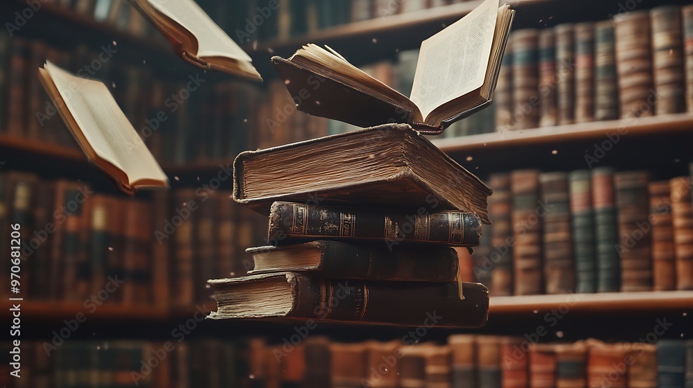 Poster stack of old books floating in library