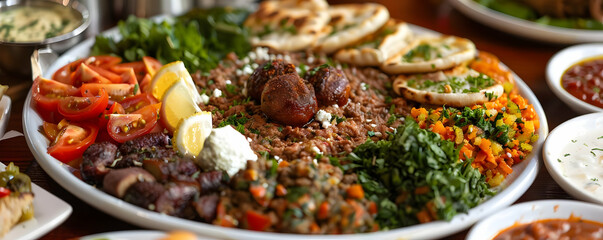 Vibrant Lebanese Food Photography -  Spiced Meat, Pita Bread, and Fresh Vegetables