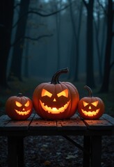 Obraz premium Halloween Jaock O lantern pumpkins on an old wooden table in a spooky forest at night