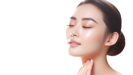 Beautiful asian girl model touching neck on transparent background PNG. 

