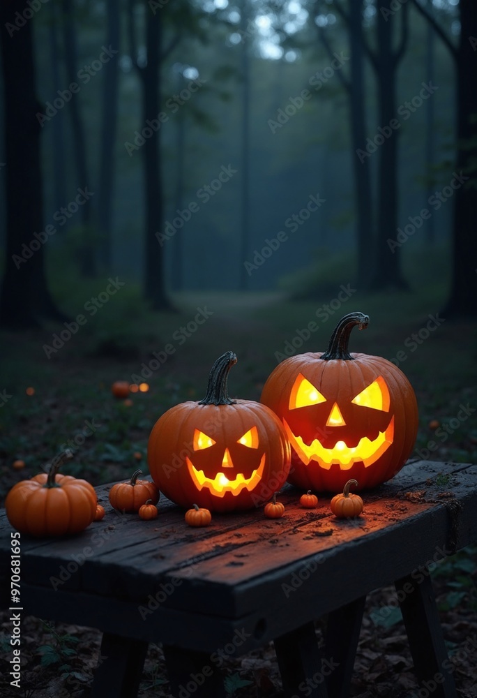 Sticker Halloween Jaock O lantern pumpkins on an old wooden table in a spooky forest at night