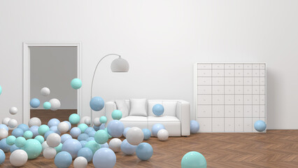 Colorful balloons flying in the room. 3D illustration, 3D rendering	
