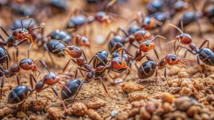 A close-up shot of a group of ants crawling on the ground, ants, insects, colony, teamwork, nature, wildlife, small, tiny