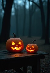 Obraz premium Halloween Jaock O lantern pumpkins on an old wooden table in a spooky forest at night