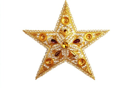 Golden Christmas star jewels sticker on white background.