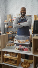 Young, handsome, black man with a beard and bald head, standing with arms crossed in a bakery interior surrounded by shelves of pastries, breads, and desserts, with a welcoming smile.