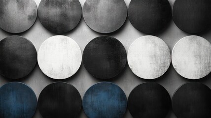 Abstract arrangement of circular shapes in varying shades and textures.