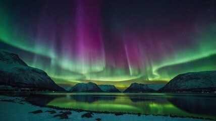 Northern Lights Display Over Mountains and a Lake