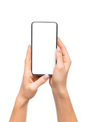 Modern smart phone with blank screen in woman's hands, isolated on white background
