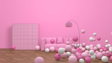 Colorful balloons flying in the room. 3D illustration, 3D rendering	
