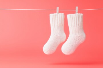 White winter fluffy knitted socks hanging on the line, empty minimalistic background, concept of winter season, cold, hobbies and knitting, banner with space for text