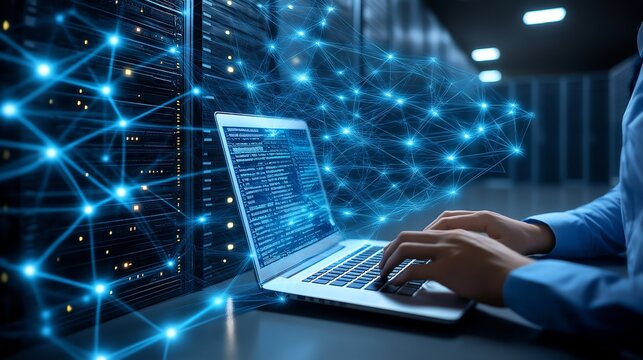 Computer engineer working on laptop computer with server room data center big data storage as digital technology database IT support telecommunication internet network tech