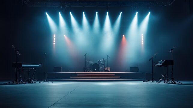 A dramatic concert stage setup featuring bright lights, musical instruments, and an inviting atmosphere for performances.