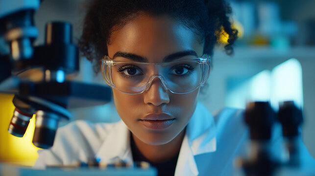 African American Scientist Working with Microscope