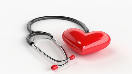 A stethoscope and a red heart placed on a globe, symbolizing global healthcare.