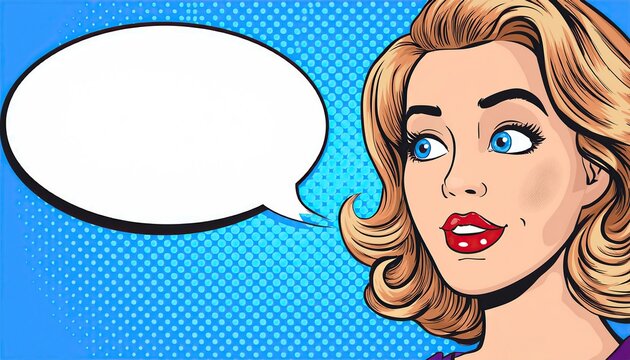 Pop art style woman with speech bubble and thoughtful expression