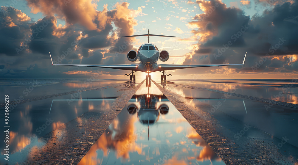 Poster luxurious plane taking off on a glass mosaic runway. generative ai.
