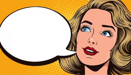 Pop art style woman with speech bubble and thoughtful expression