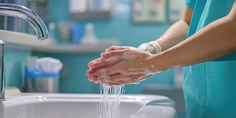 Doctor washing hands in a hospital bathroom before surgery, focusing on hygiene to keep safe and healthy. Shows importance of handwashing in healthcare
