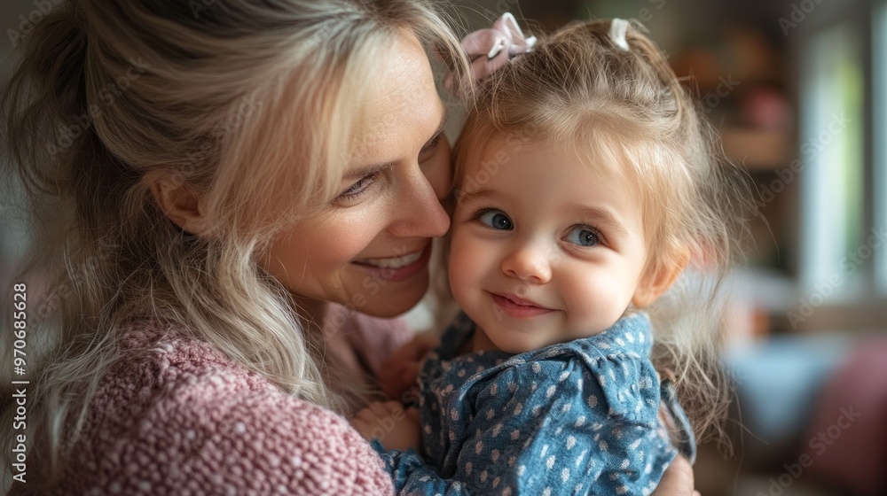 Wall mural a mother embraces her daughter in a heartwarming display of love, both smiling brightly, surrounded 