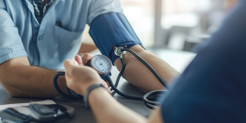 Doctor measures blood pressure of patient with sphygmomanometer in hospital. Health check is crucial for wellness. Image shows professionalism and care of healthcare practitioner