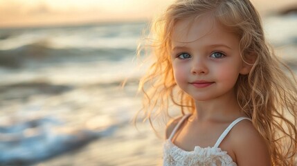 A young girl with long, curly hair gazes playfully at the camera while standing close to the shore. The sun sets behind her, casting a warm glow over the ocean waves