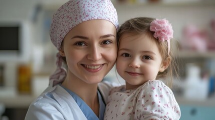 A dedicated healthcare professional is joyfully holding a young girl in a hospital environment, highlighting a moment of connection and care between them
