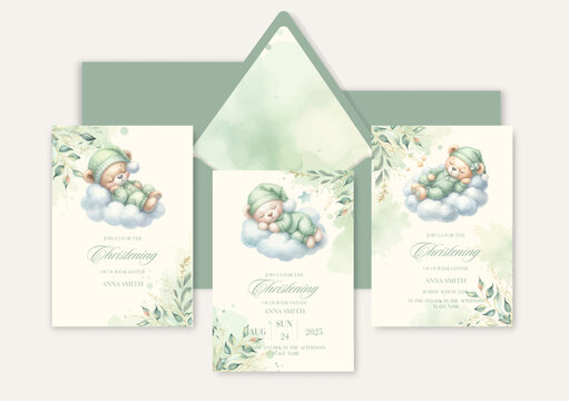 Baptism, Christening, First Holy Communion Confirmation Invitation Template with plush toy bear sleep on cloud.