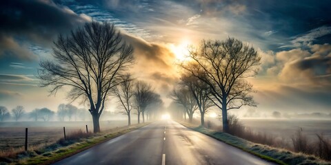 a misty eerie road flanked by bare trees leading