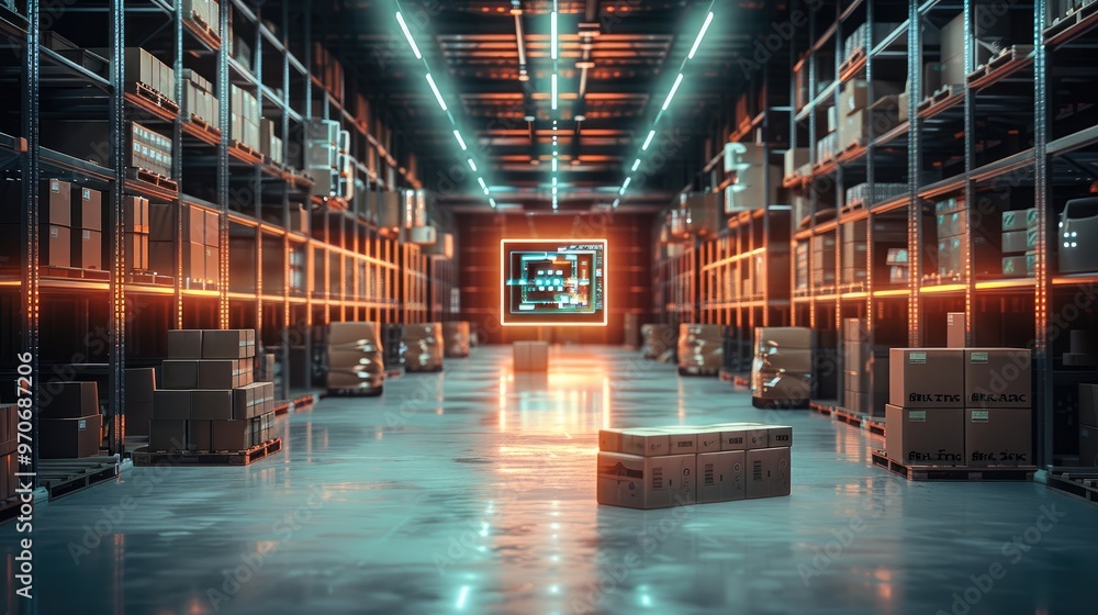 Leinwandbilder A high-tech warehouse with numerous boxes stacked on the shelves and pallets, big data visualization on glass walls showing rows of virtual screens displaying real-time delivery infographics.