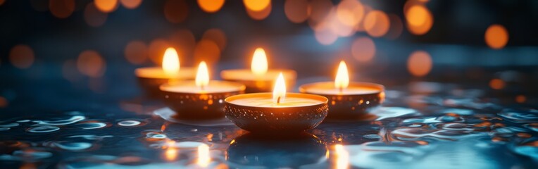 Colorful Oil Lamps Lit on Blue Background for Diwali
