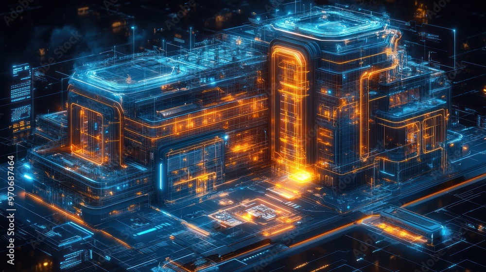 Poster futuristic digital architecture with glowing elements and data flow.