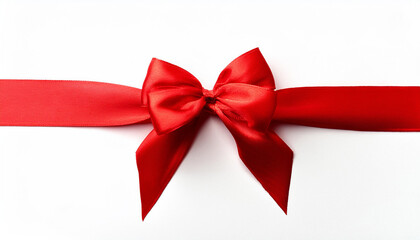 Red satin ribbon with bow on white background, top view