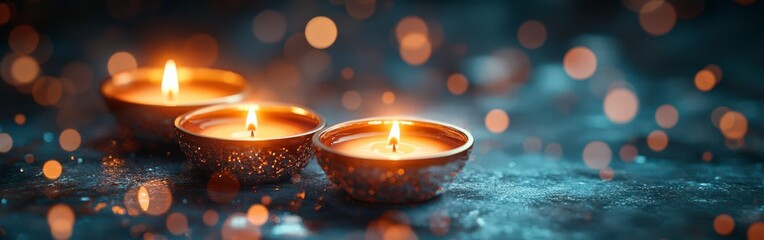 Colorful Oil Lamps Lit on Blue Background for Diwali