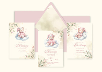 Baptism, Christening, First Holy Communion Confirmation Invitation Template with plush toy bear sleep on cloud.