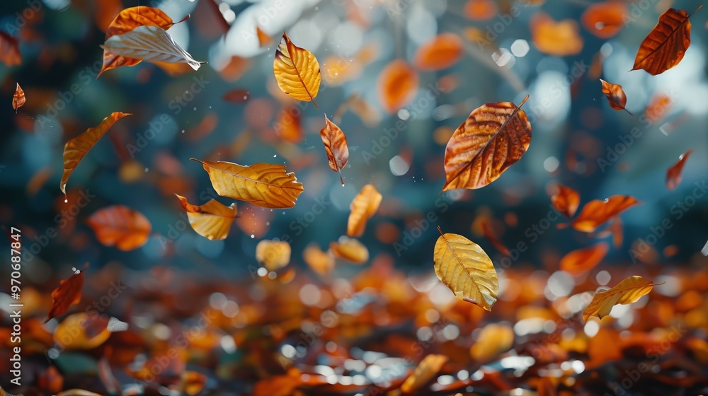 Poster a beautiful autumn scene with leaves falling from the trees