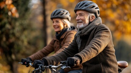 Fototapeta premium An older couple rides bicycles side by side through a colorful park filled with autumn leaves, sharing smiles and enjoying the fresh air on a pleasant day