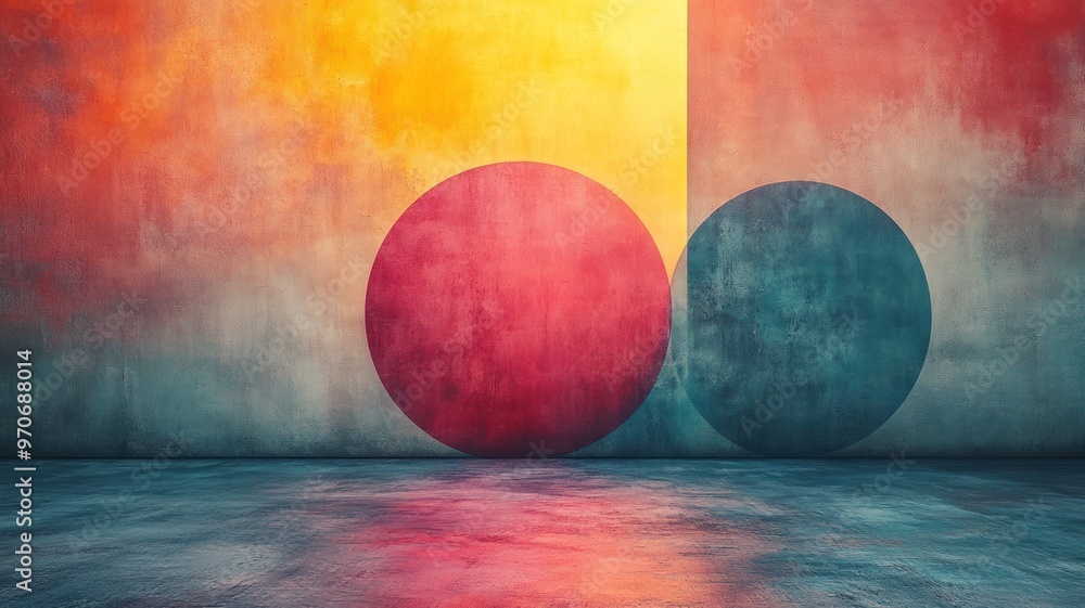 Poster abstract colorful composition with shapes and textured background.