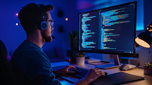 Developing programmer, software developer coding computer code on laptop computer. Digital software development. Website and mobile app design and coding technologies.
